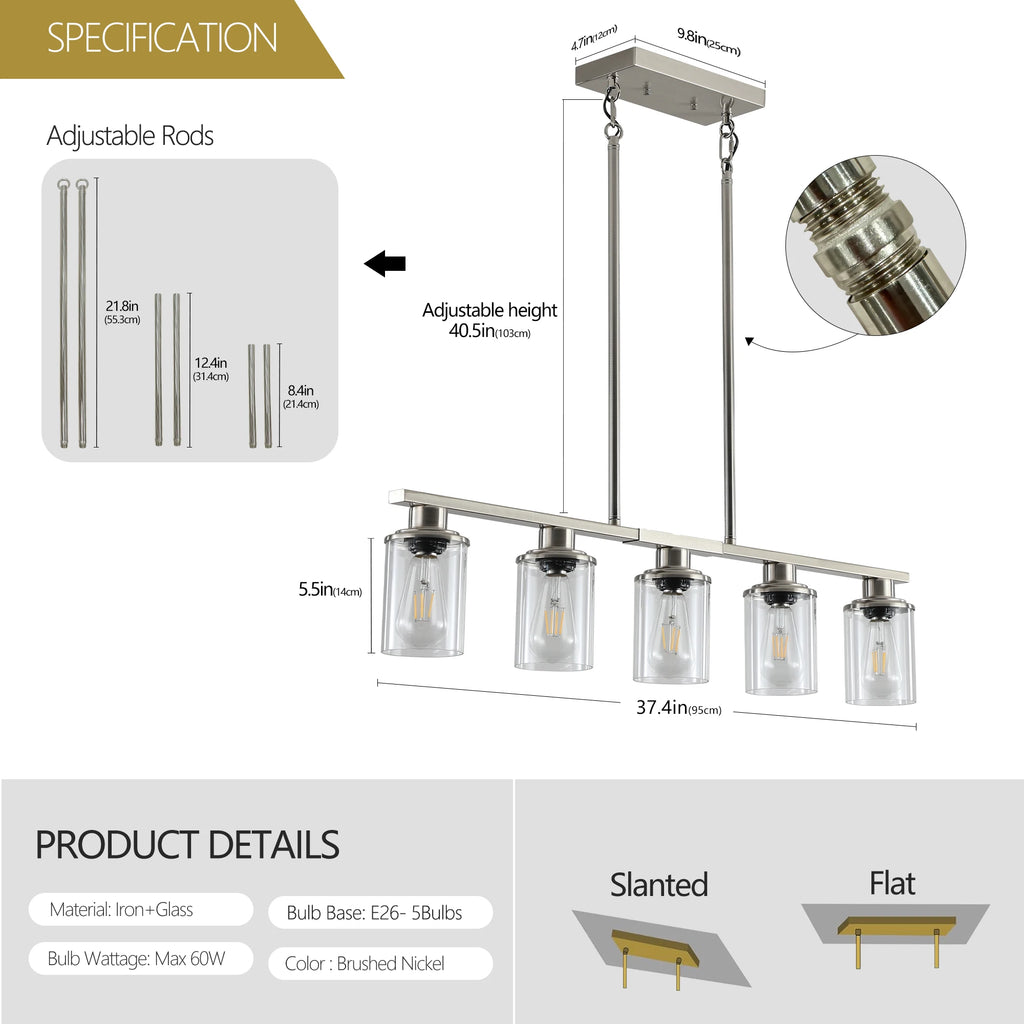 Industrial 5-Light Chandelier, Glass Shades; 4 Colors Available