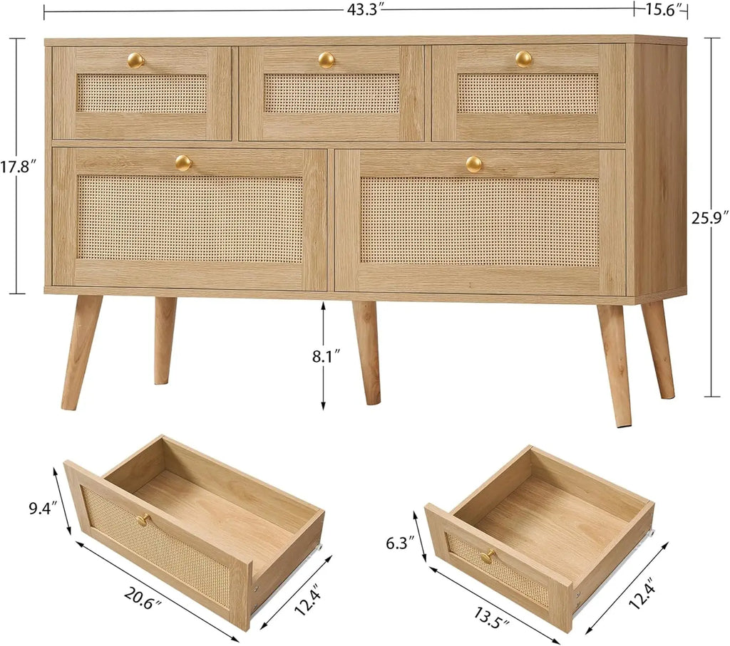Rattan 5-Drawer Dresser, Solid Wood Legs Make a Nice TV Stand