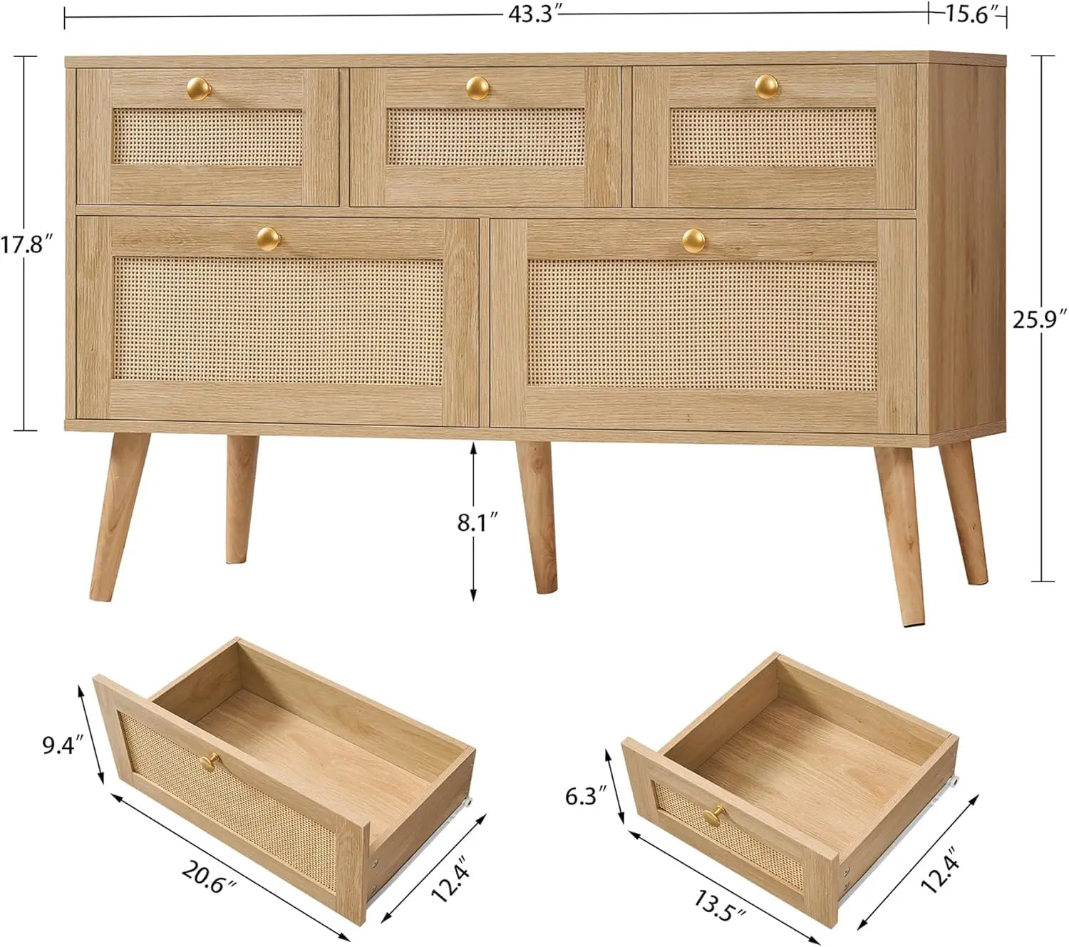 Rattan 5-Drawer Dresser, Solid Wood Legs Make a Nice TV Stand