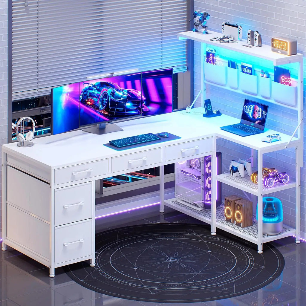 L Shaped Computer Desk with 5 Drawers and Storage Shelves