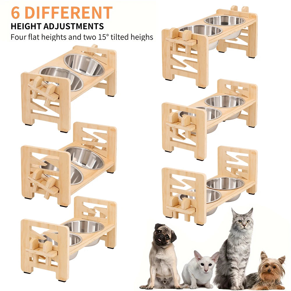 Dog 2 Bowl Raised Wood Stand; Adjustable