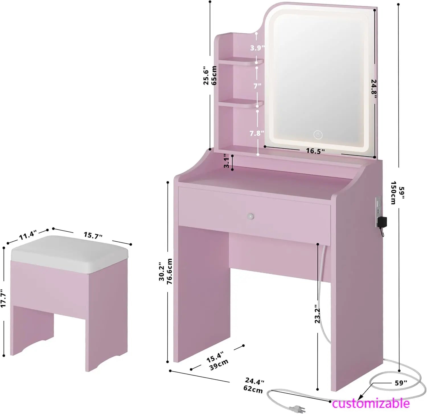 Pink Vanity/Desk: Mirror, Lights, Drawer, Bench Seat, 3 Shelves,