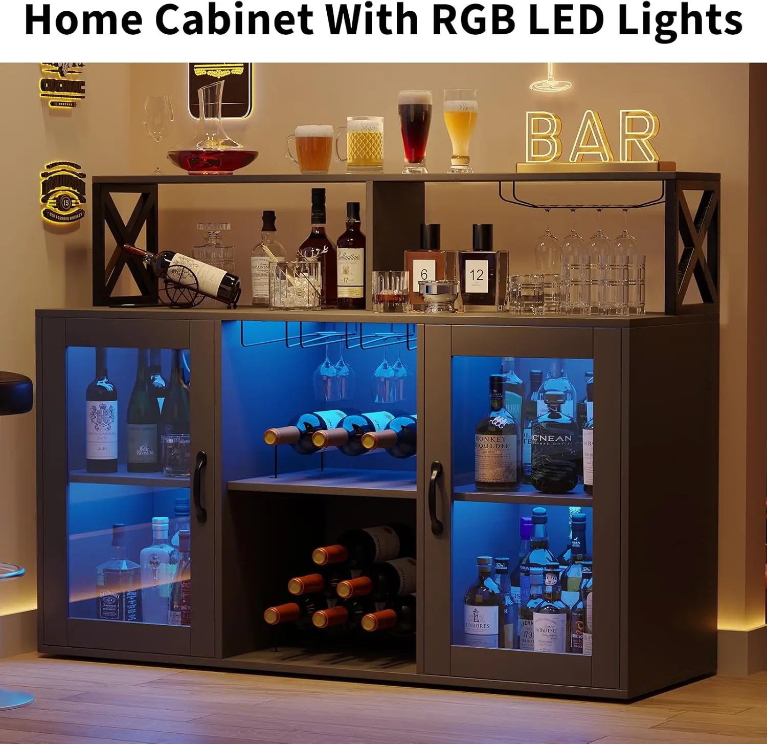 Wine/Coffee Bar Cabinet, Wine Rack, LED Lights, 4 Colors