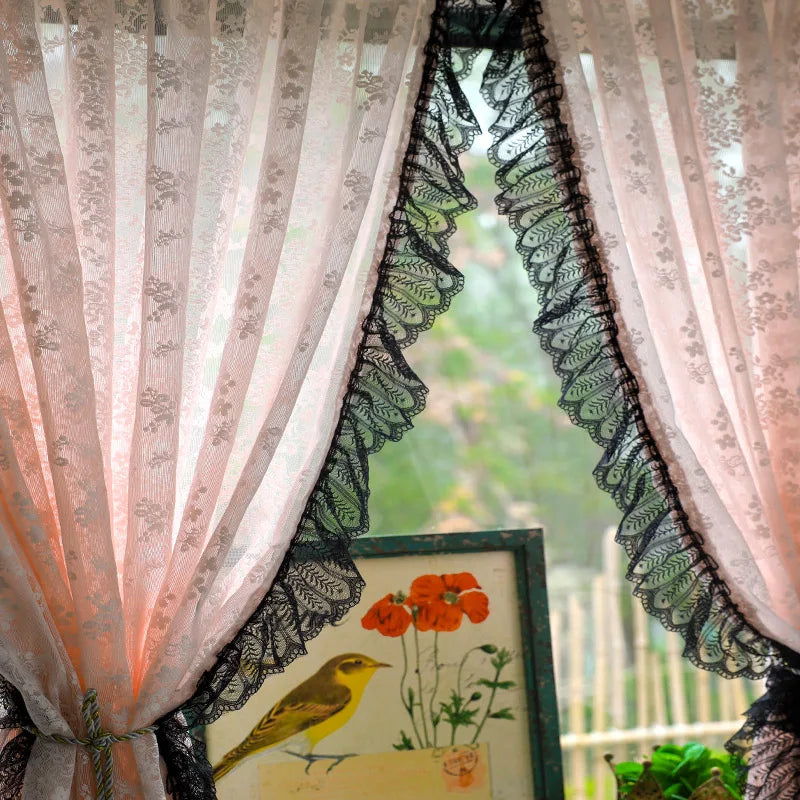 Vintage Blush Jacquard, Black Lacework Sheer Curtains