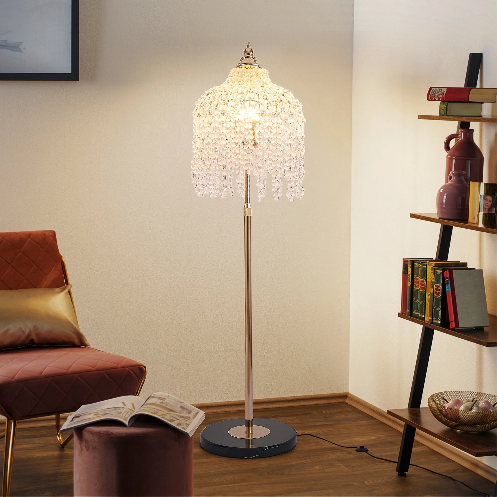 Floor Lamp: Lampshade of Crystal Bead Strings in Waterfall Design