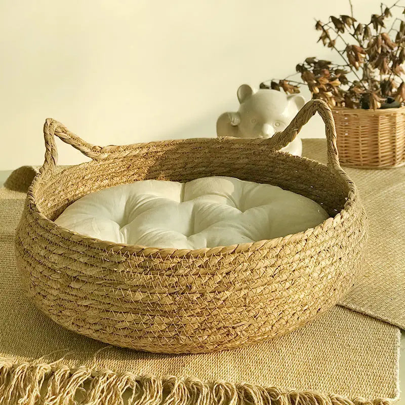 Rattan Weaving Cat Basket Bed With Cushion