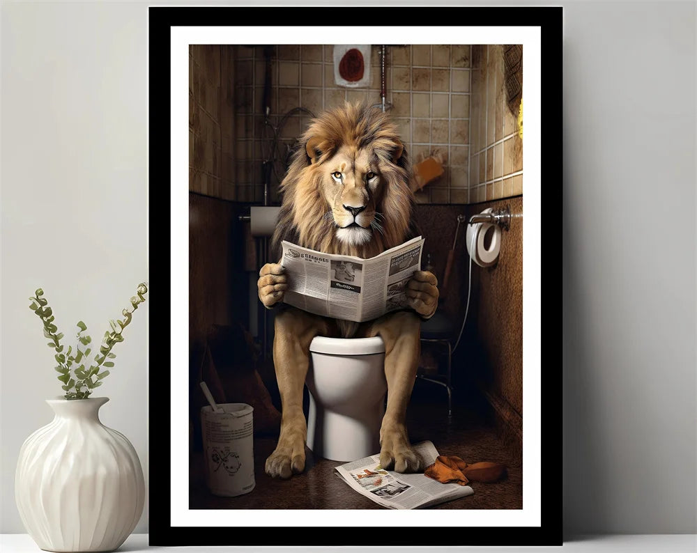 Animals Reading Newspaper on Toilet Canvas Print