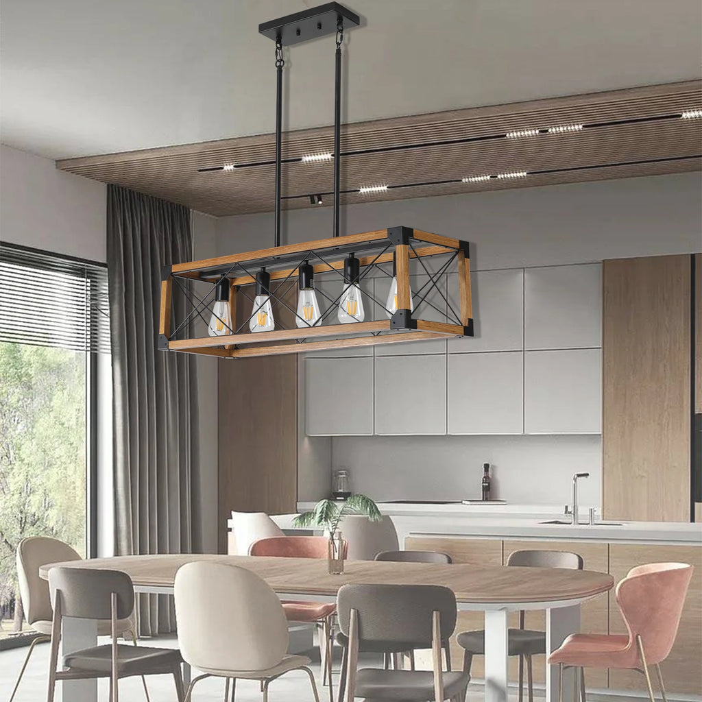 31“ Industrial Wood & Iron Frame, 5-Light Pendant