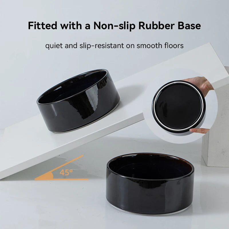 Large Ceramic Double Elevated Bowls, Wooden Stand