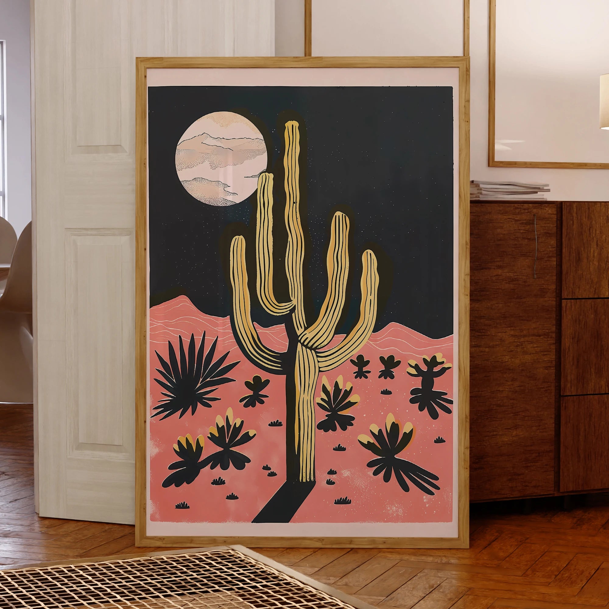 Modern Desert Night Moon Giant Cactus Print
