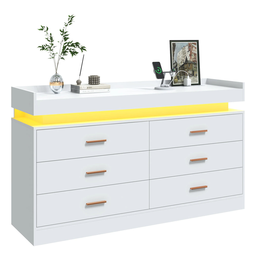 Modern Dresser with 6 Wide Drawers, Gold Hardware, LED Lights