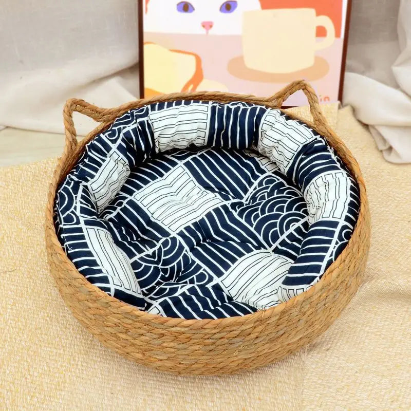 Rattan Weaving Cat Basket Bed With Cushion