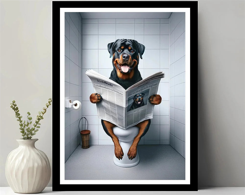 Animals Reading Newspaper on Toilet Canvas Print