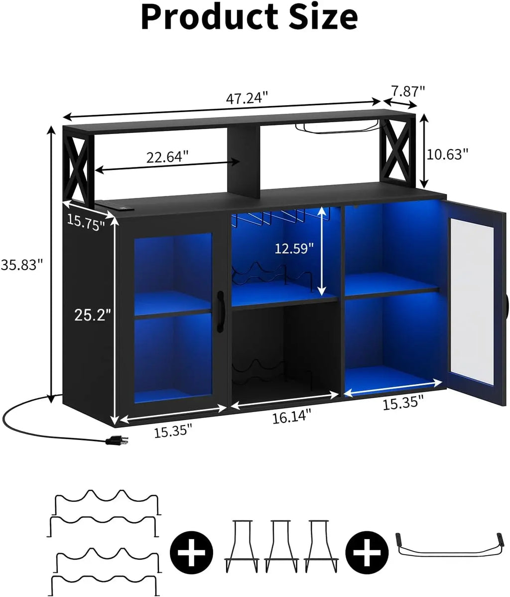 Wine/Coffee Bar Cabinet, Wine Rack, LED Lights, 4 Colors