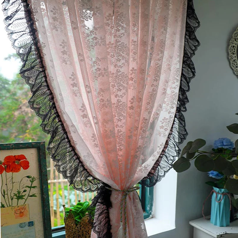 Vintage Blush Jacquard, Black Lacework Sheer Curtains