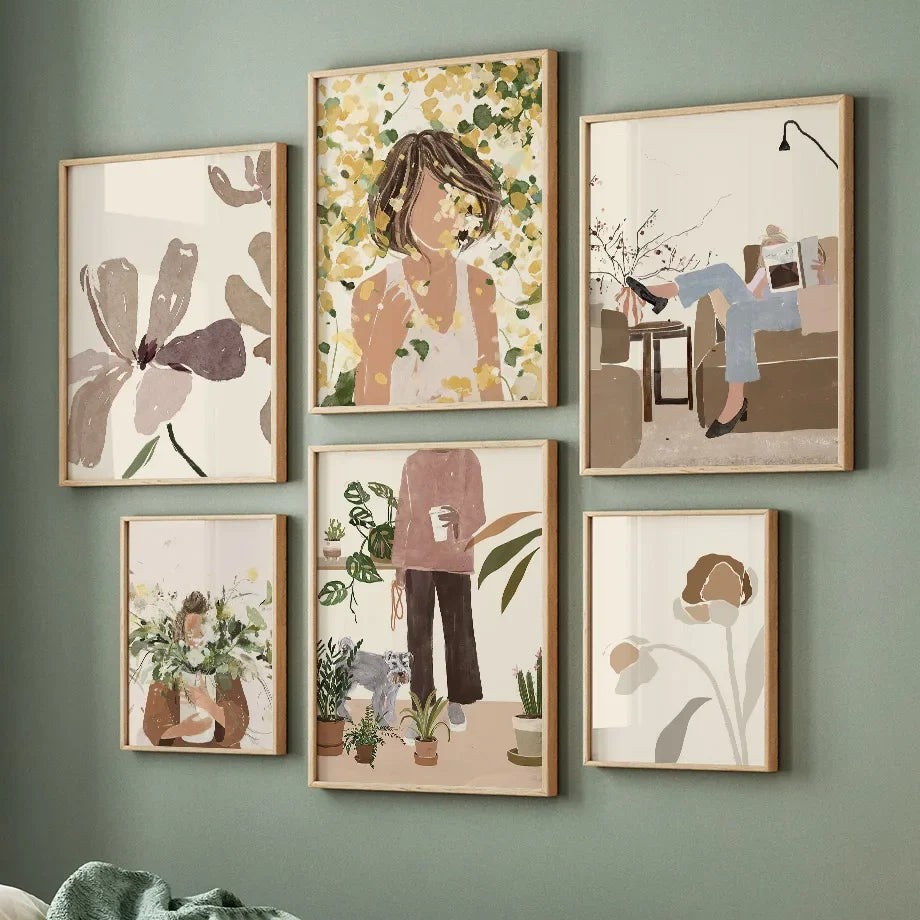 Boho Abstract Girl, Flowers, Illustrated Canvas Paintings