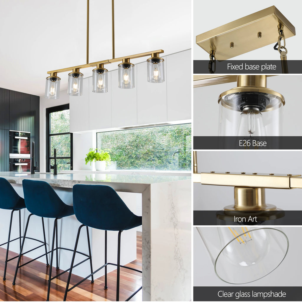 Industrial 5-Light Chandelier, Glass Shades; 4 Colors Available