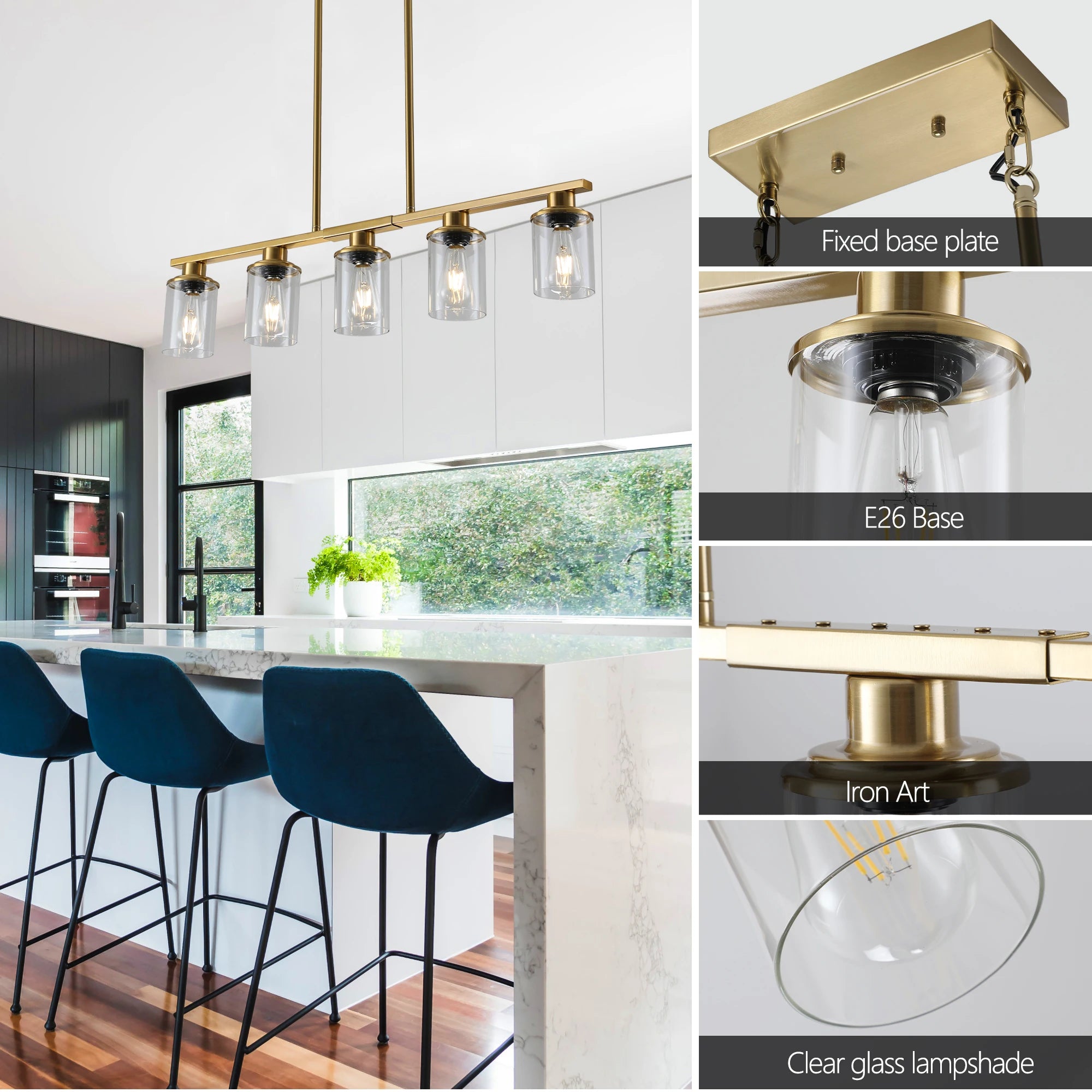 Industrial 5-Light Chandelier, Glass Shades; 4 Colors Available