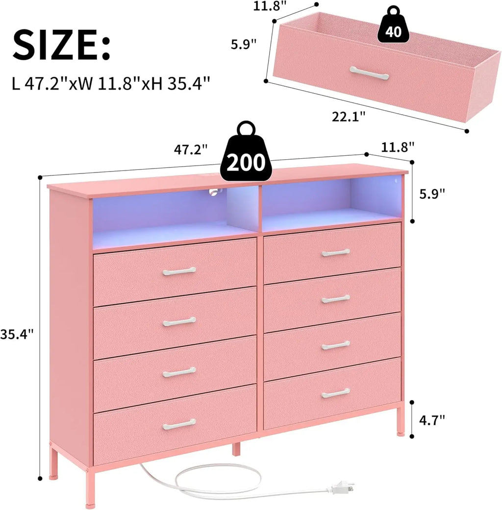 Pink Dresser, 8 Fabric Drawers, LED Lights, Charging Station,