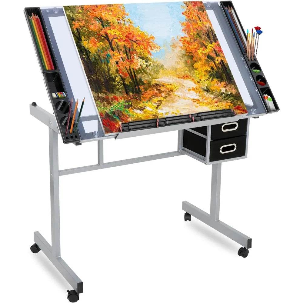 Glass Top Rolling Workstation for Arts, Crafts, Drafting