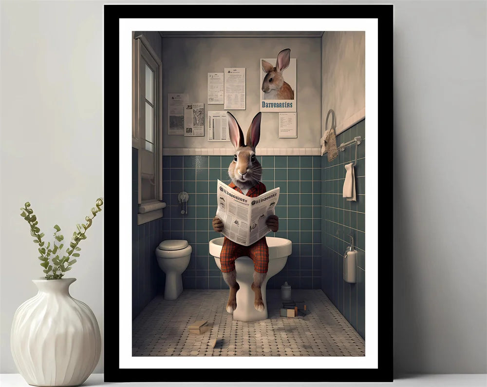 Animals Reading Newspaper on Toilet Canvas Print