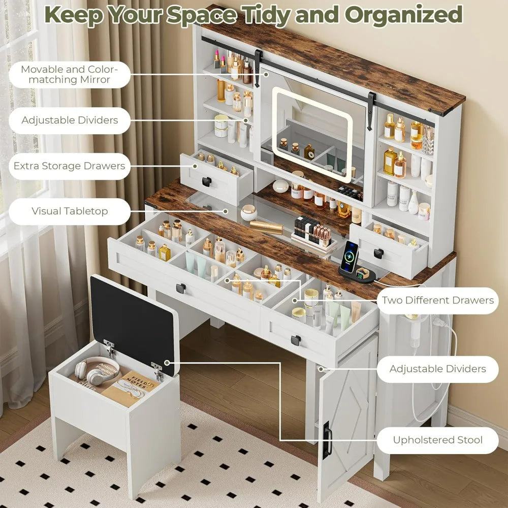 Desk/Makeup Vanity, Sliding Mirror, Glass Top, Power Outlet