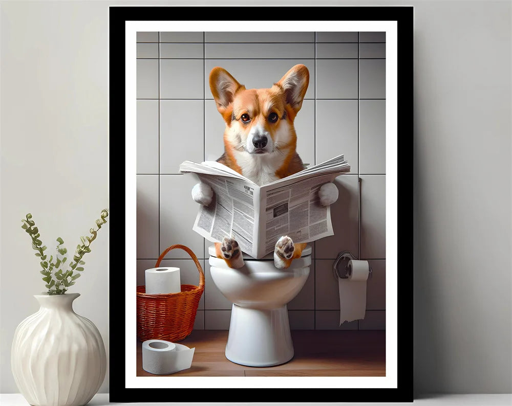 Animals Reading Newspaper on Toilet Canvas Print