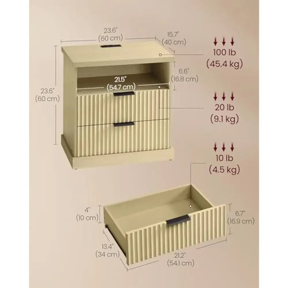 Fluted 2-Drawer Nightstand, AC Outlets, USB Ports; Set of 2