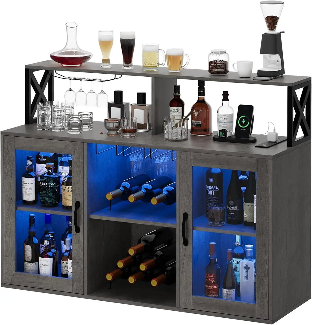 Wine/Coffee Bar Cabinet, Wine Rack, LED Lights, 4 Colors