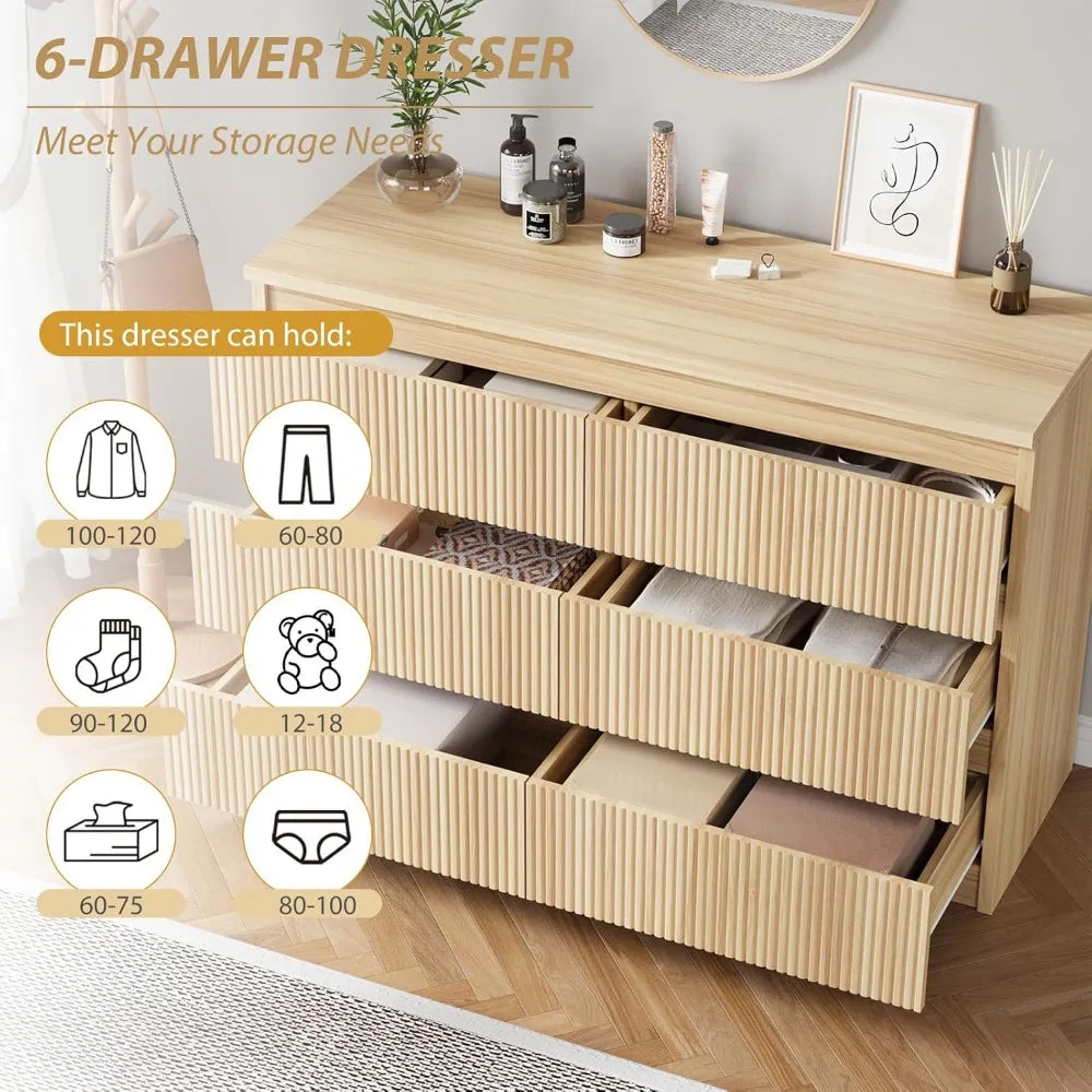 Modern Fluted 6-Drawer Wooden Dresser or Dining Side Table