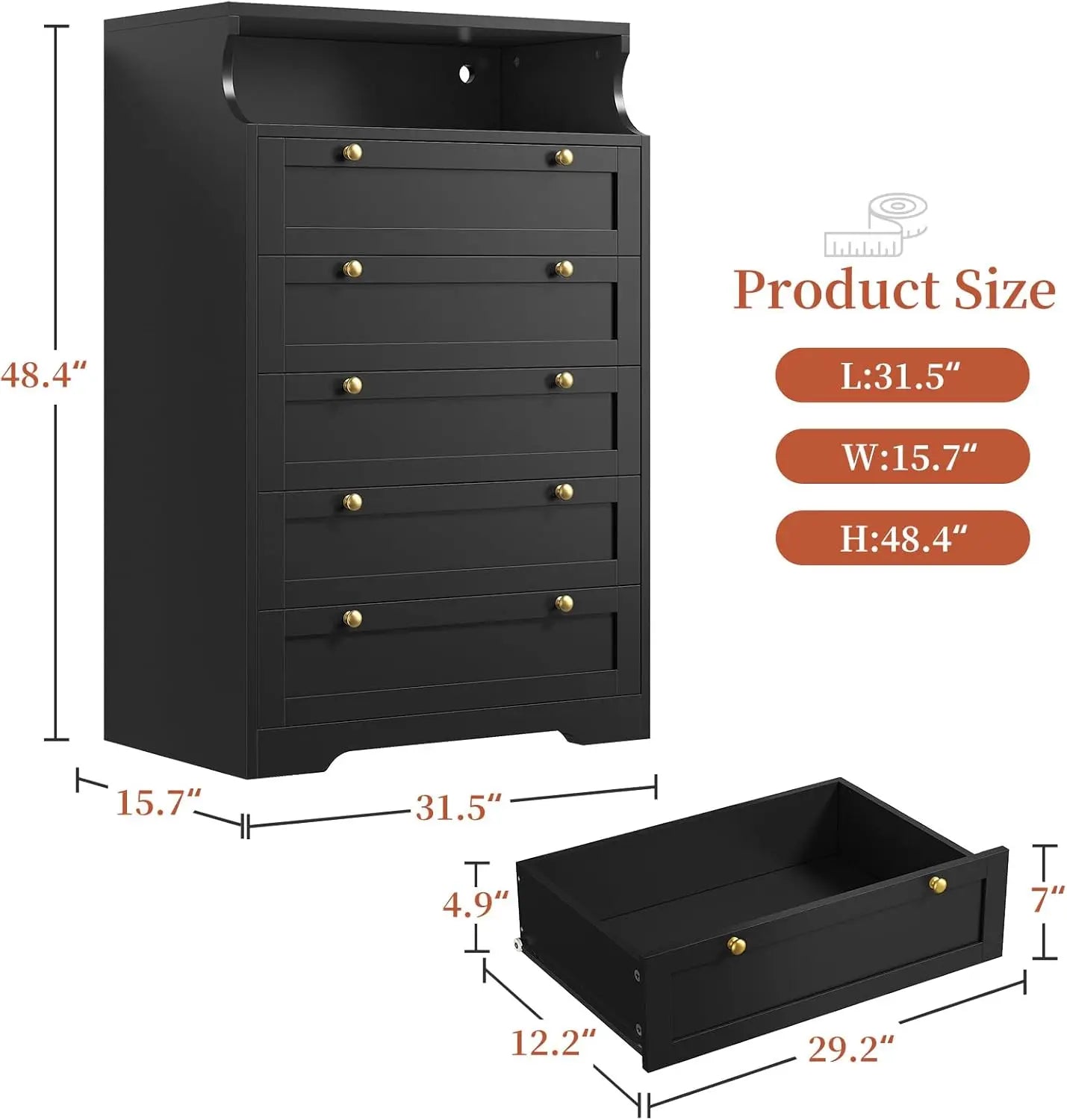 Modern Black Dresser, 5 Drawers, Gold Hardware, 2  Shelves & LED Lights