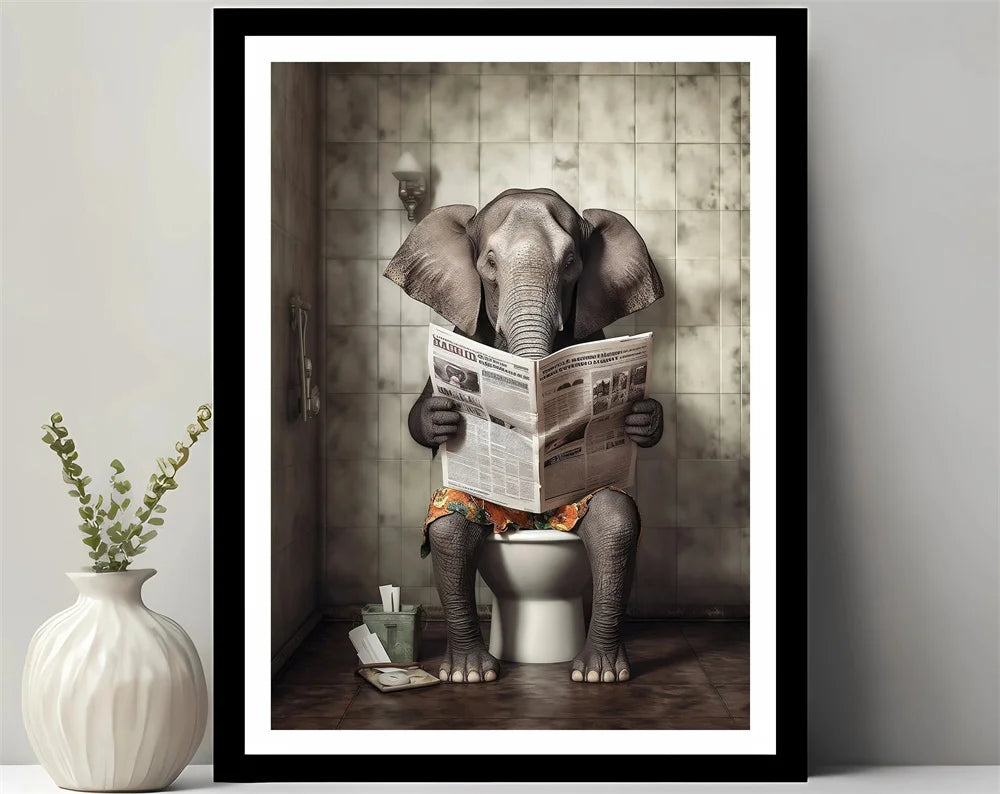 Animals Reading Newspaper on Toilet Canvas Print