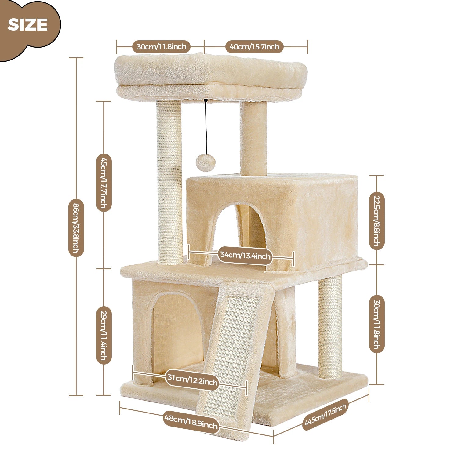 Spacious Cat Tower; Natural Sisal Scratching Posts