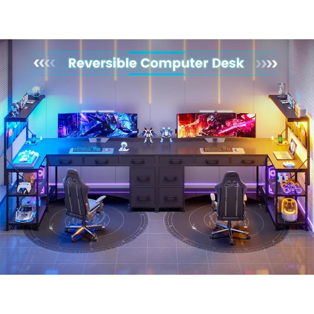 L Shaped Computer Desk with 5 Drawers and Storage Shelves