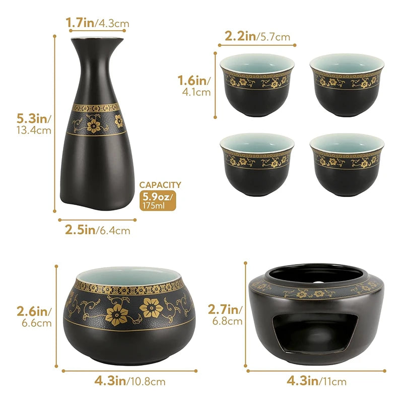 Japanese Sake Pot, Warmer, Cups, Ceramic 7pcs Set