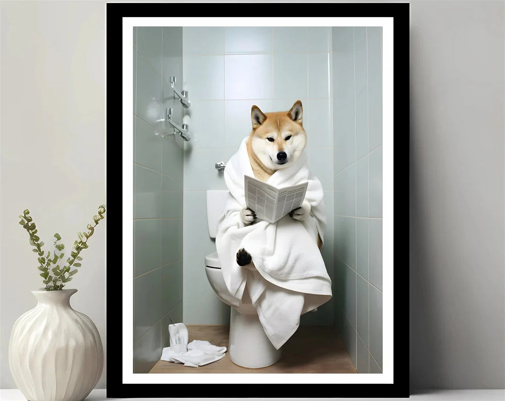 Animals Reading Newspaper on Toilet Canvas Print
