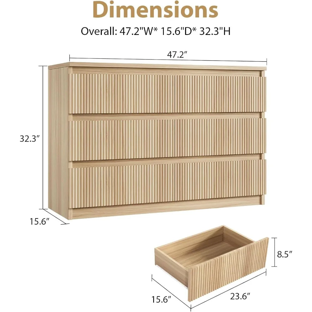 Modern Fluted 6-Drawer Wooden Dresser or Dining Side Table