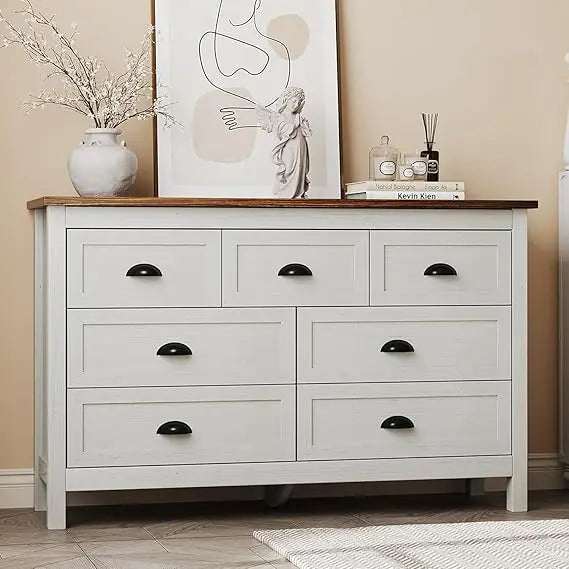 Farmhouse Style 7-Drawer Dresser; Black Drawer Pulls