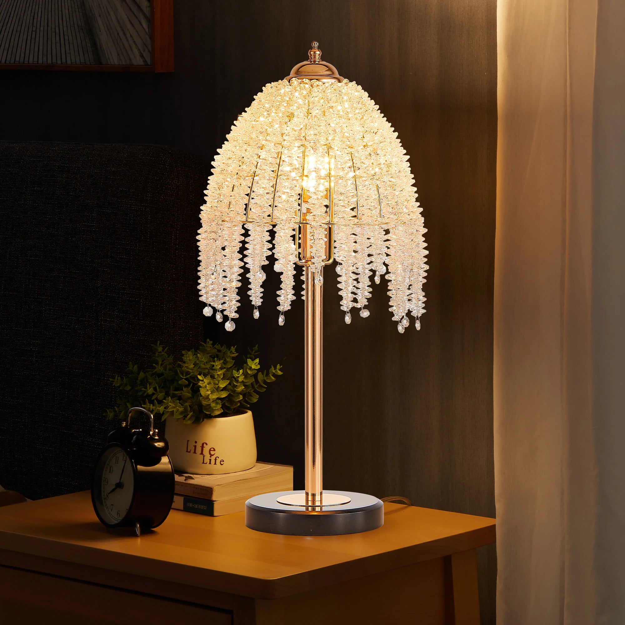 Crystal Table Lamp, Waterfall Design. Crystal Bead String Shade.