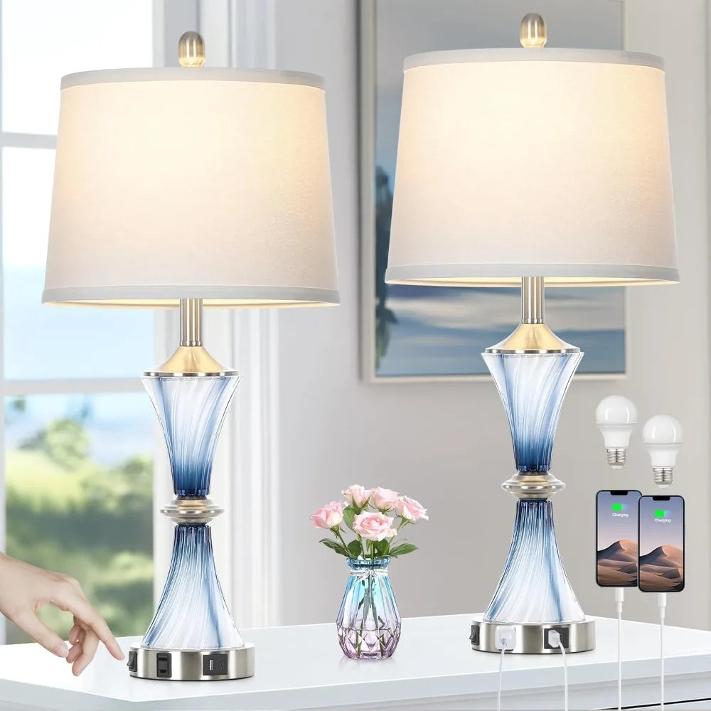 Blue Crystal Glass 28" Lamp, Drum Shade, Set of 2