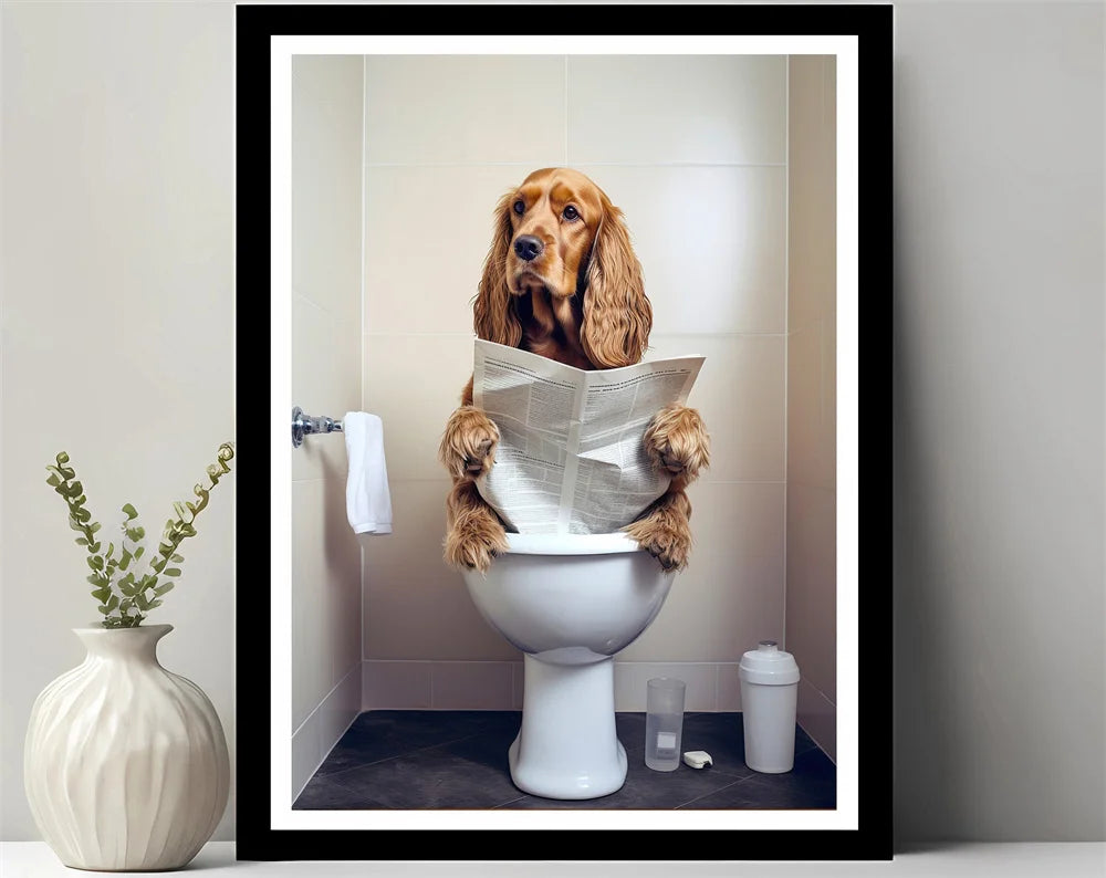 Animals Reading Newspaper on Toilet Canvas Print