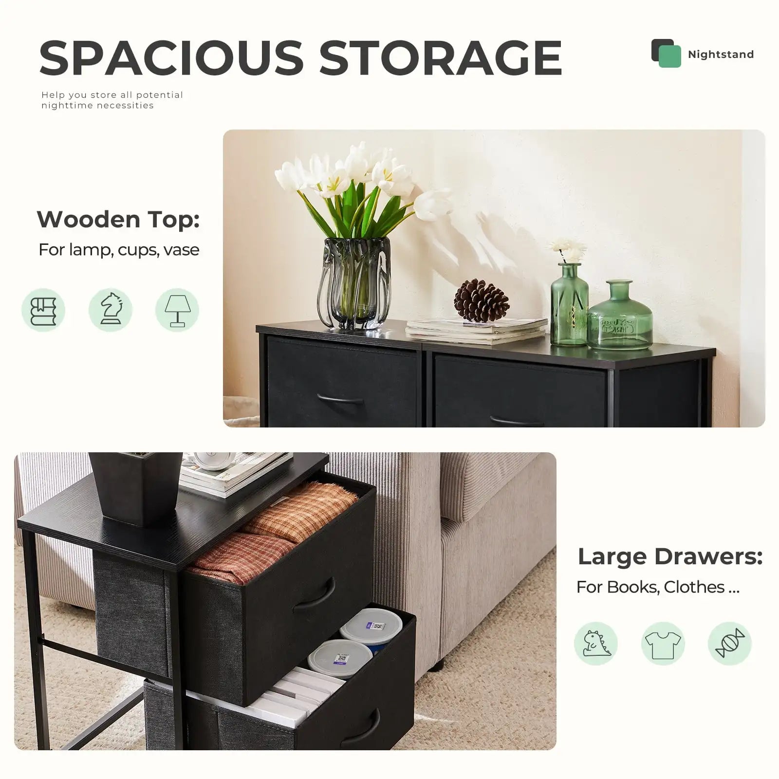 End-Tables or Nightstands, 2-Fabric Drawers, Black, Set of 2