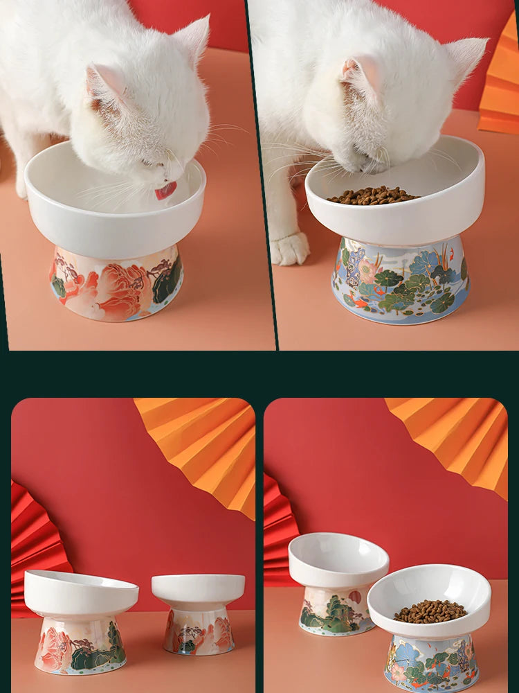 Chinese Style Elevated Ceramic Cat Water/Food Bowl