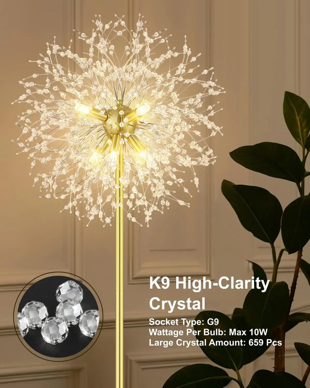 Mid Century Gold Crystals Floor Lamp with Foot Switch
