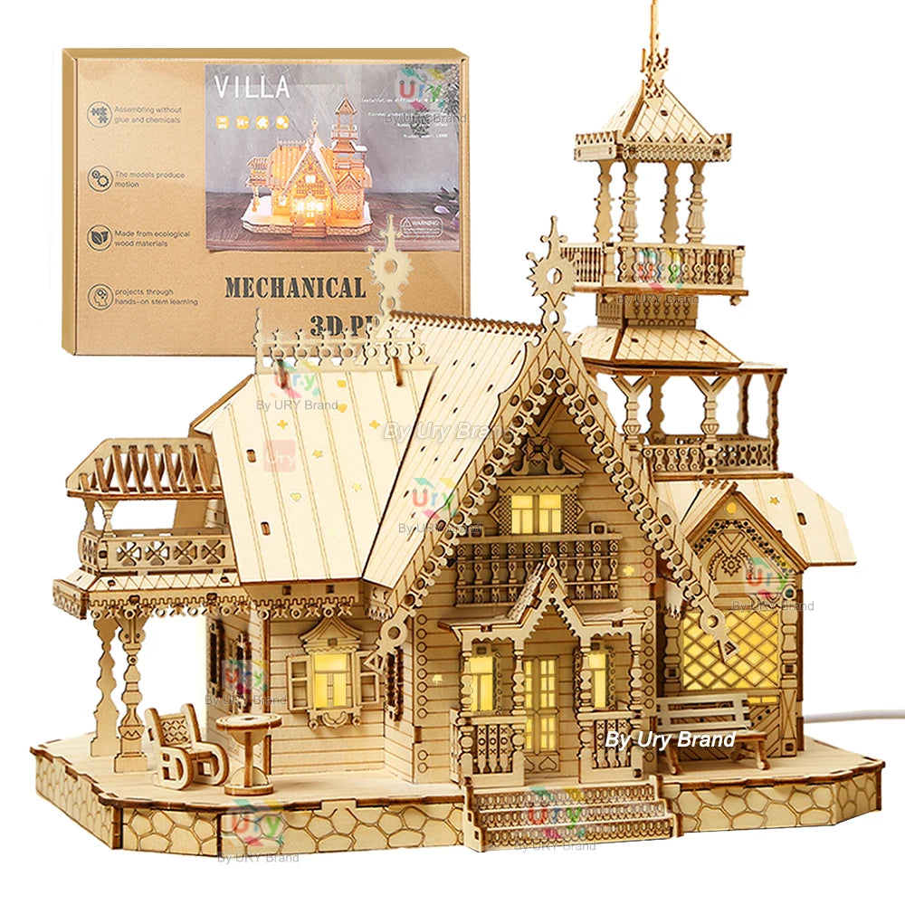 3D Wooden Puzzle Villa House with Light Assembly