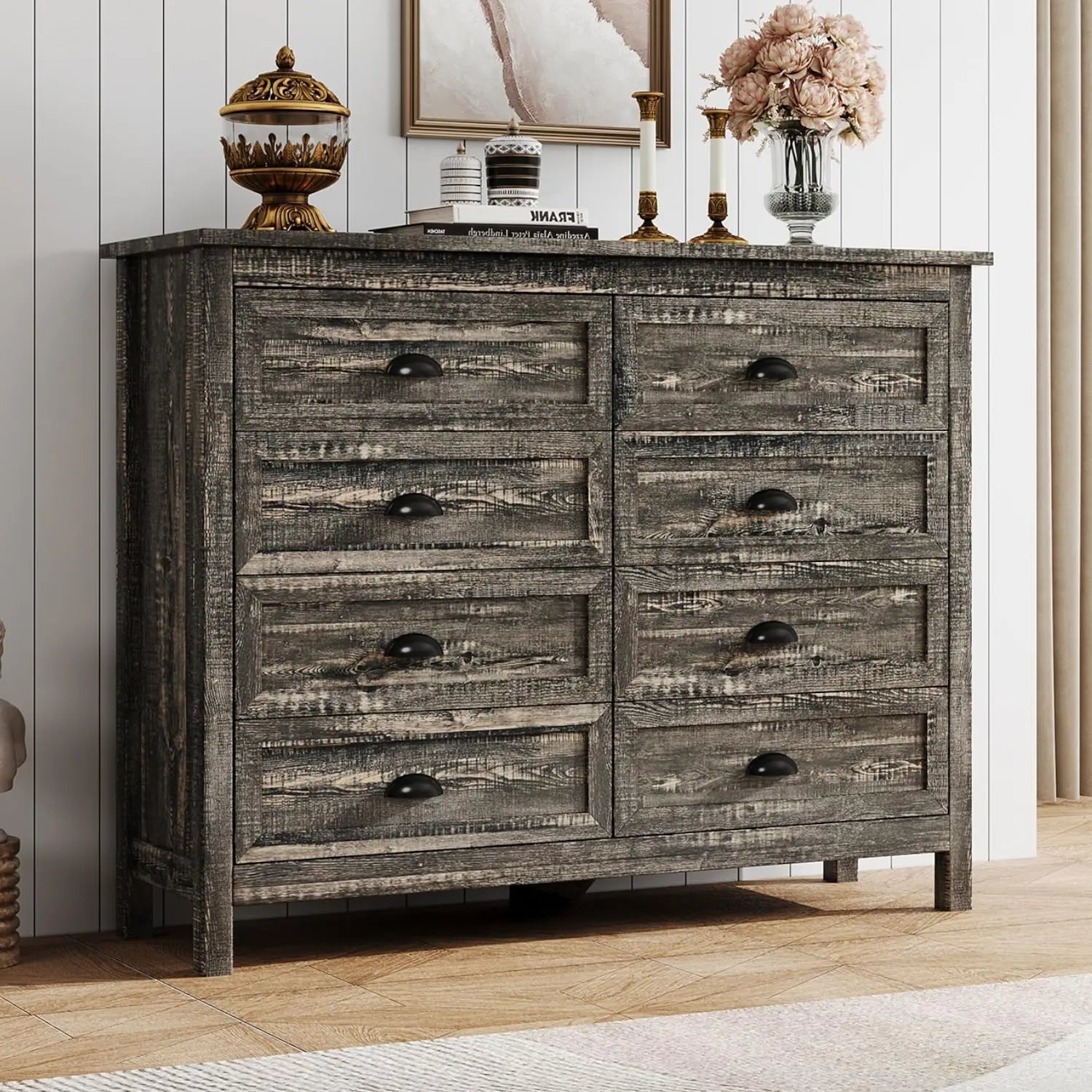 Farmhouse Style 7-Drawer Dresser; Black Drawer Pulls