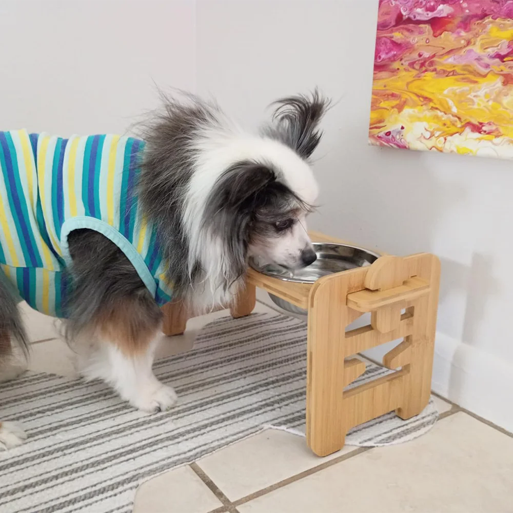 Dog 2 Bowl Raised Wood Stand; Adjustable