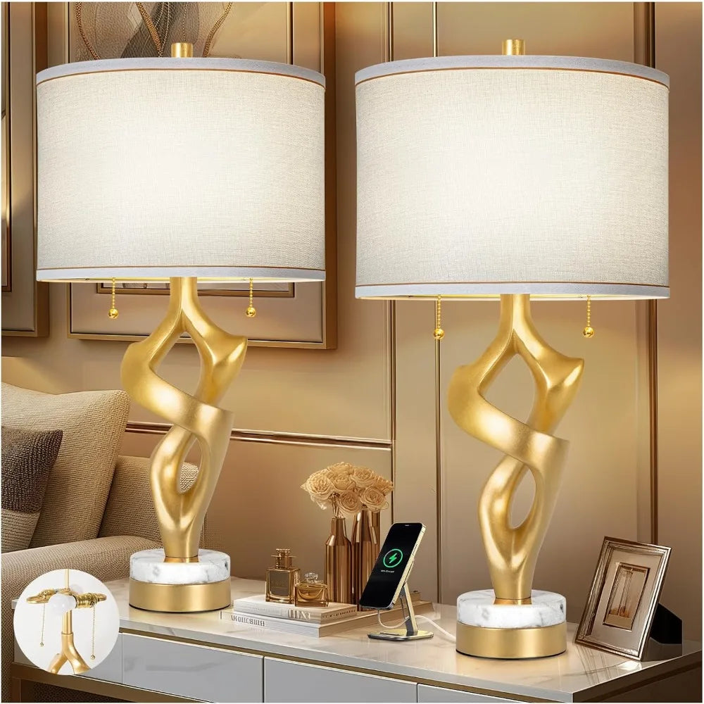 Unique 26" Gold Leaf Lamps, Linen Shade, Set of 2