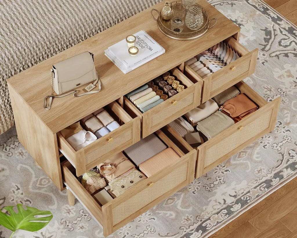 Rattan 5-Drawer Dresser, Solid Wood Legs Make a Nice TV Stand