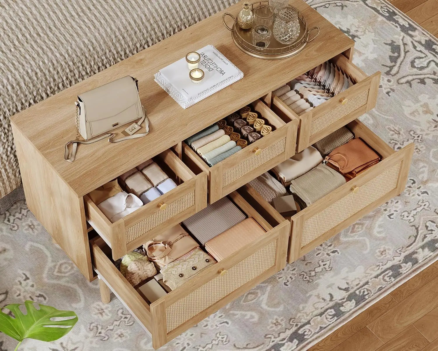 Rattan 5-Drawer Dresser, Solid Wood Legs Make a Nice TV Stand